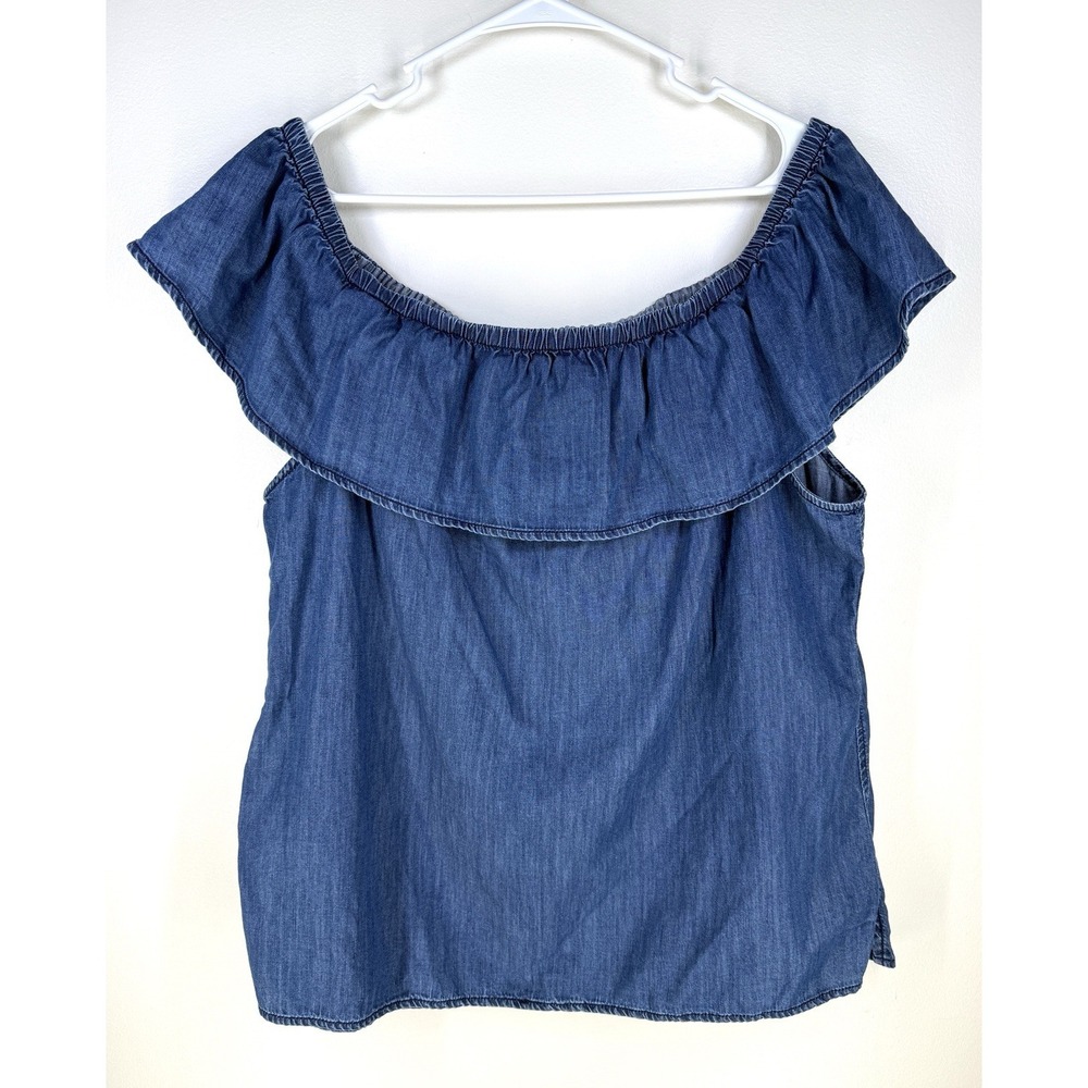 white house black market off shoulder top Blouse Ruffle XL Denim Chambray Boho
